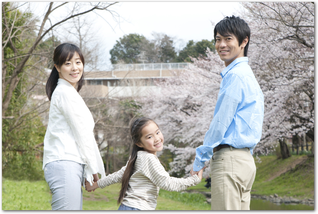 満開の桜並木を見上げる家族連れ
